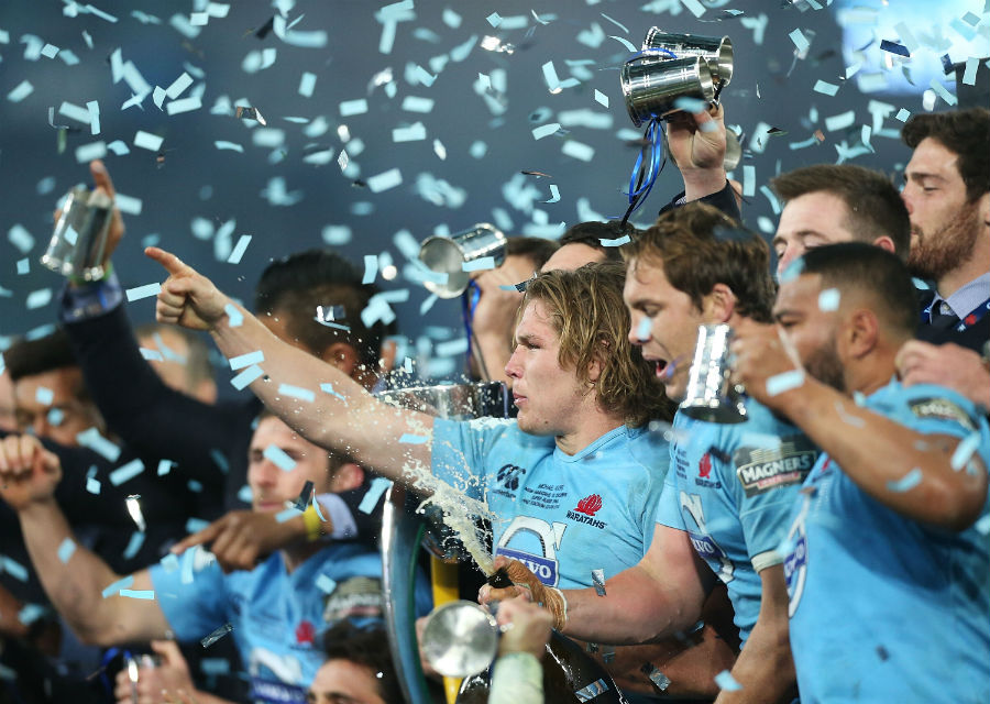 Waratahs' players celebrate winning their first Super Rugby title