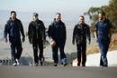 Australia's Christian Leali'ifano, James Slipper and Scott Higginbotham walk Mount Panorama with V8 Supercars drivers Mark Winterbottom, and Russell Ingall