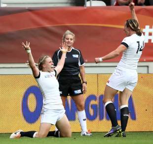 England's Danielle Waterman gets the first try of the game, England v Canada, 2014 Women's Rugby World Cup, Stade Jean-Bouin, Paris, August 17, 2014
