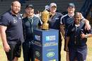 Gary Botha (L) and Ian McIntosh pose with the tag team coaches during the Rugby World Cup Trophy Tour in Pretoria
