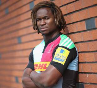 Harlequins' Marland Yarde lines up for a photocall, Guildford, August 18, 2014