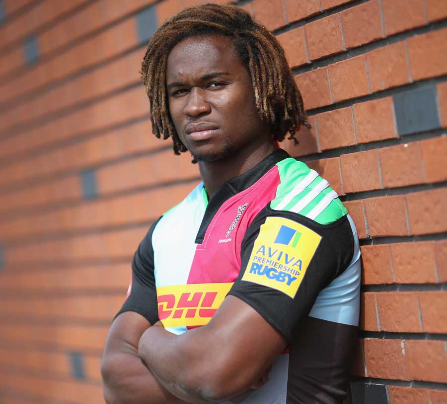Harlequins' Marland Yarde lines up for a photocall