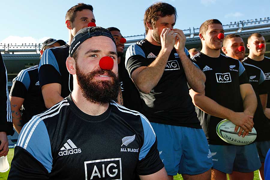 New Zealand's Ryan Crotty and the All Blacks wear red noses at their Captain's Run