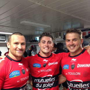 Matt Giteau, James O'Connor and Drew Mitchell celebrate winning their opening over Bayonne, August 15, 2014
