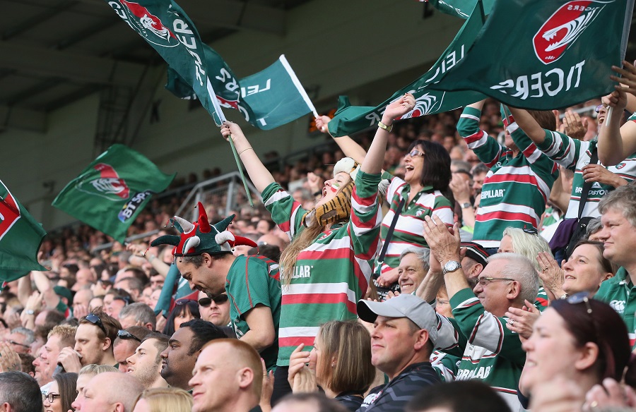 Leicester Tigers fans celebrate a try