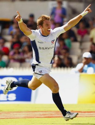 Chris Wyles of the USA celebrates after scoring the winning try between England and the USA during day two of the 2008 Adelaide Sevens held at Adelaide Oval April 6, 2008 in Adelaide, Australia. 