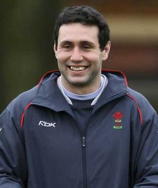Fly-half Stephen Jones laughs during a Wales training session for the 2007 Six Nations tournament, January 29 2007.