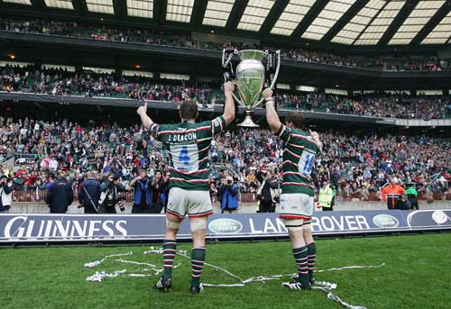 Louis Deacon of Leicester Tigers celebrates with the Premiership final trophy