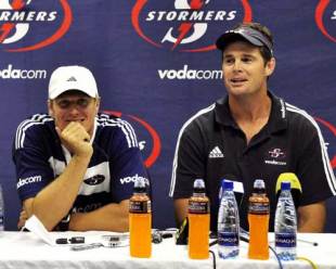 Stormers coach Rassie Erasmus and centre Jean de Villiers speak to the media