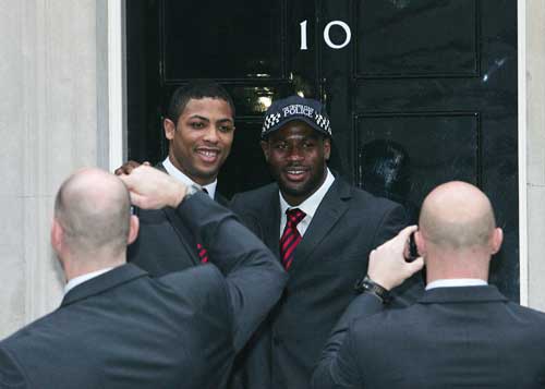 England's Delon Armitage and Ugo Monye pose for a photo at No.10 Downing Street