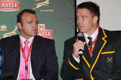SA Rugby acting managing director Andy Marinos and Springboks skipper John Smit speak to the media