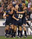 The Brumbies' Stirling Mortlock is celebrates with his team mates