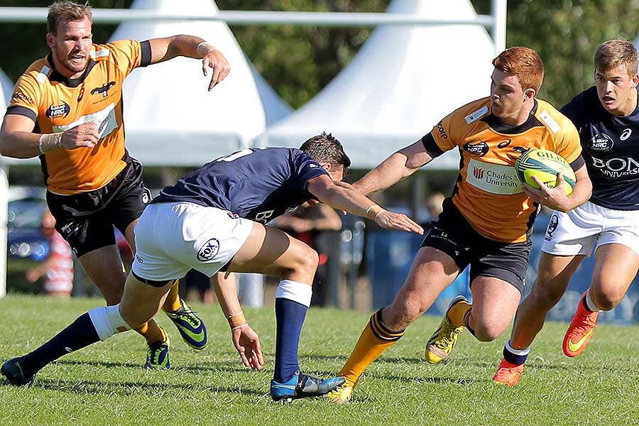 The Eagles' Andrew Kellaway fends a tackle