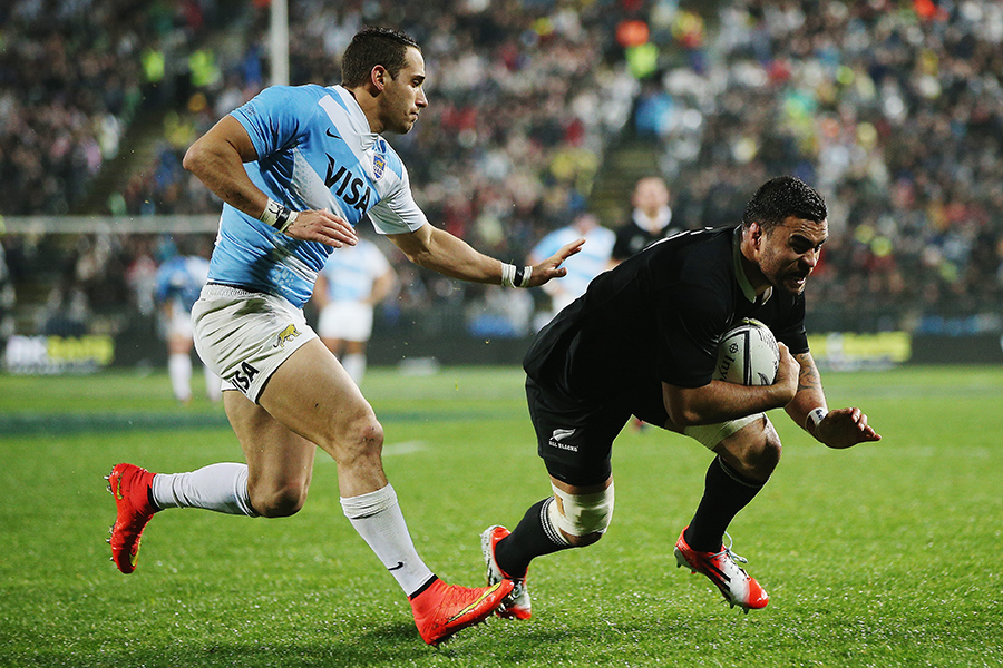 All Blacks' flanker Liam Messam dives over for a try