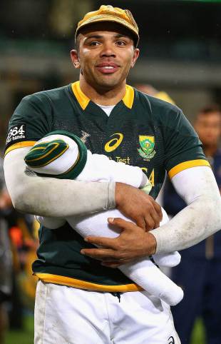 South Africa's Bryan Habana was presented with a commemorative cap after playing his 100th Test, Australia v South Africa, Rugby Championship, Patersons Stadium, Perth, September 6, 2014
