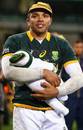 South Africa's Bryan Habana was presented with a commemorative cap after playing his 100th Test