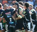 Exeter celebrate one of their seven tries against London Welsh