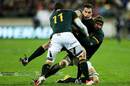 South Africa's Bryan Habana and Victor Matfield monster New Zealand's Ben Smith