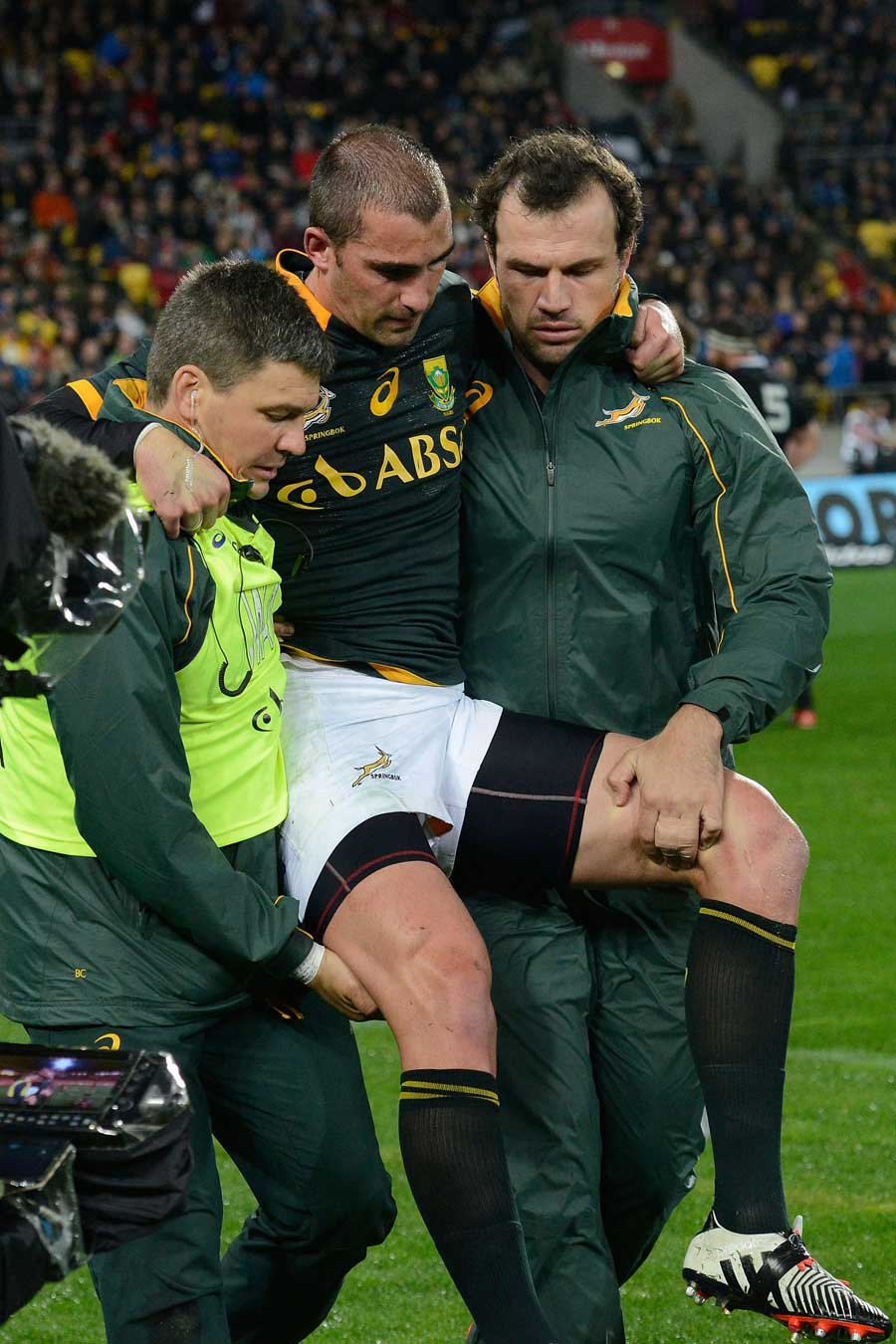 South Africa's Ruan Pienaar is carried from the pitch