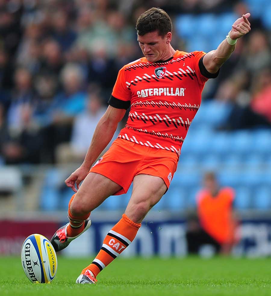 Leicester's Freddie Burns goes for the posts