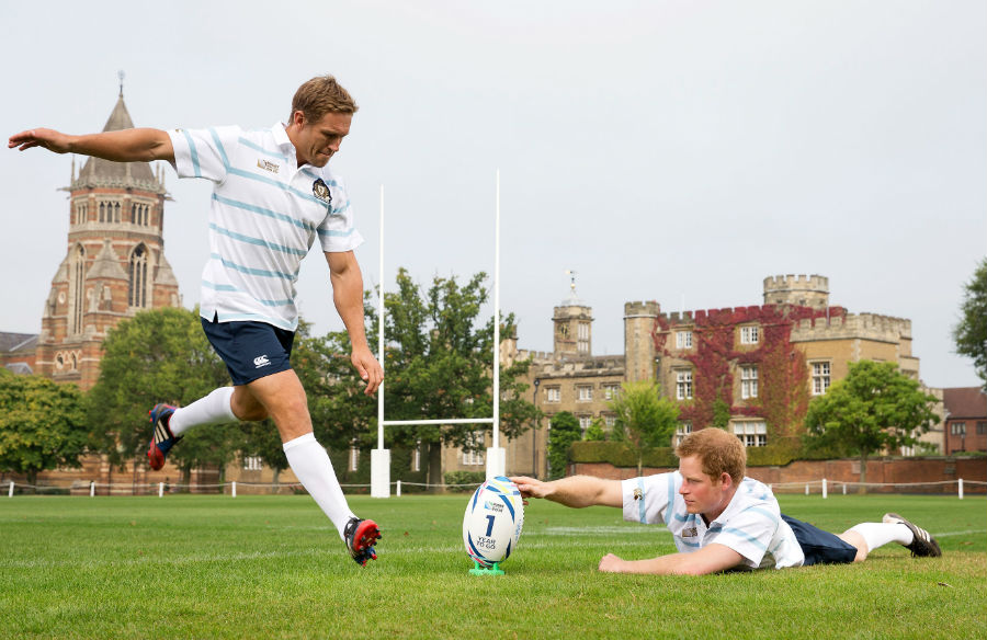 Prince Harry and Jonny Wilkinson during a photocall at Rugby School