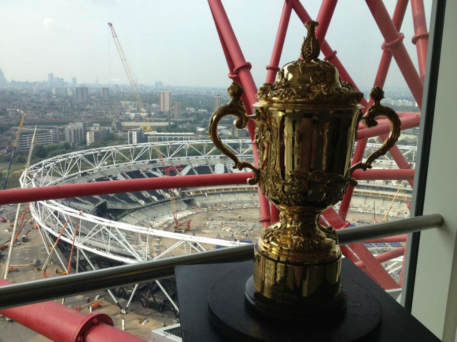 The Webb Ellis Cup against the backdrop of the Olympic Stadium