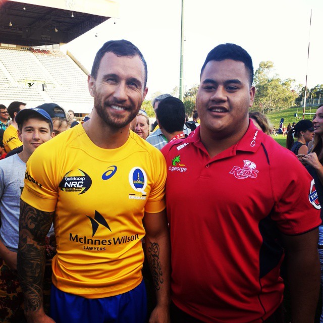 Quade Cooper and 'Tongan Thor' Taniela Tupou pose for a photo after Brisbane City's win, Brisbane City v Queensland Country, National Rugby Championship, Ballymore Oval, Brisbane, September 28, 2014
