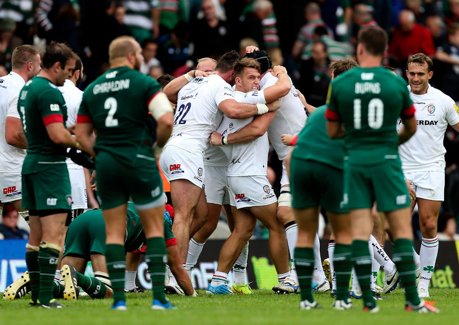 London Irish celebrate their win over Leicester
