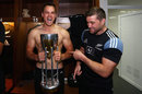 Israel Dagg and Cory Jane of the All Blacks celebrate in the All Blacks changeroom