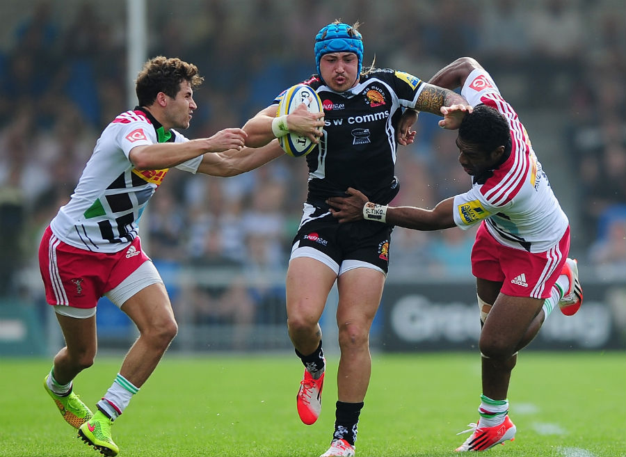 Exeter's Jack Nowell tries to get past Ollie Lindsay-Hague and Asaeli Tikoirotuma