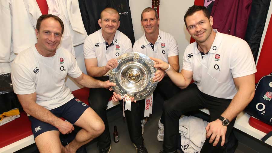 Mike Catt, Graham Rowntree, Stuart Lancaster and Andy Farrell with the Triple Crown