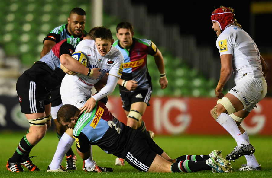 Will Edwards of Saracens is stopped by the Harlequins defence during the Premiership A match