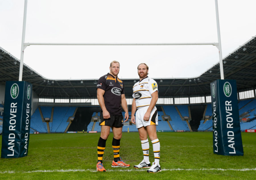 James Haskell and Andy Goode of Wasps pose for a picture at the Ricoh Arena
