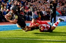 Alistair Hargreaves crashes over for a Saracens try