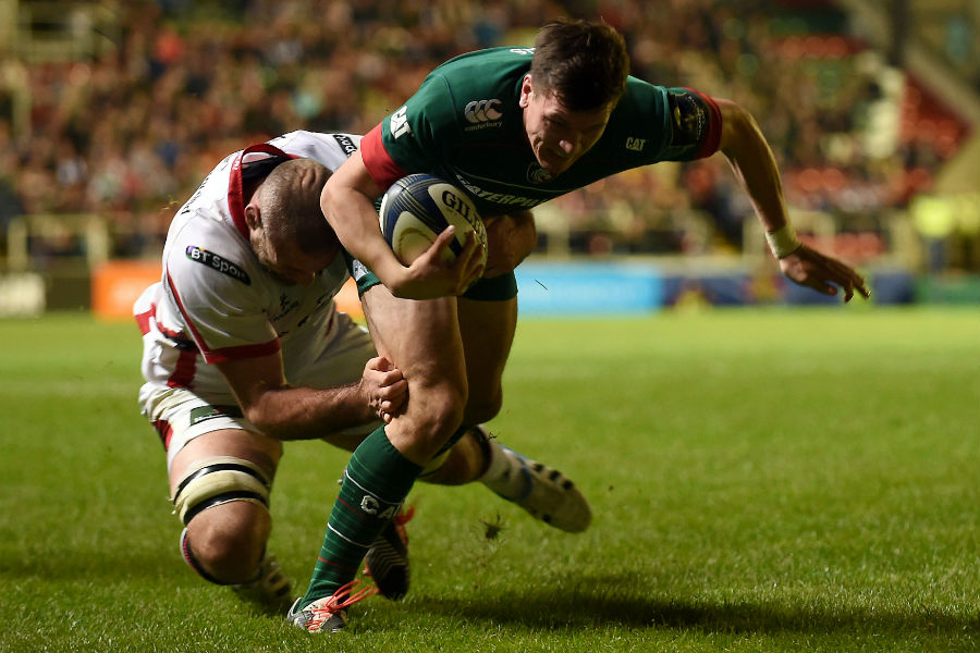 Leicester Tigers' Freddie Burns breaks a tackle to score a try