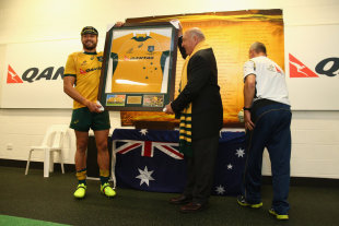 Adam Ashley-Cooper of the Wallabies is honoured in the Wallabies changeroom after playing his 100th test, Australia v New Zealand, Bledisloe Cup, Suncorp Stadium, Brisbane, October 18, 2014