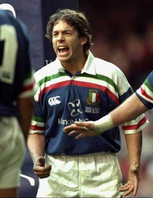 Italy's Diego Dominguez rallies his team mates, Wales v Italy, Six Nations Championship, Millennium Stadium, Cardiff, Wales, February 19, 2000 