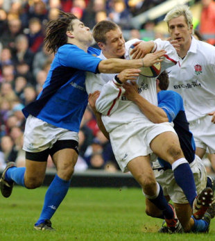 Jonny Wilkinson is tackled during a game in which he scored 35 points, England v Italy, Twickenham, February 17, 2001