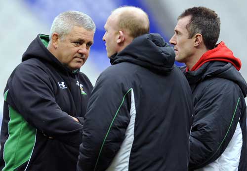 Wales coach Warren Gatland and assistant coaches Neil Jenkins and Rob Howley