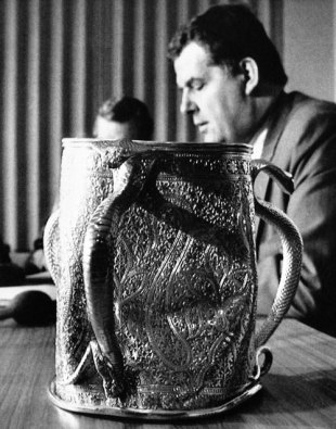 The damaged Calcutta Cup is shown to the media. It had in for some rough treatment as Scotland's John Jeffreys and England's Dean Richards kicked the 110-year-old trophy down Edinburgh's Princes Street during the post-match party following the match, Edinburgh, March 6, 1988