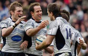 Simon Danielli is congratulated by his team-mates after scoring Scotland's first try, Scotland v Italy, Six Nations Championship, Murrayfield, Edinburgh, Scotland, February 28, 2009