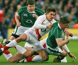 England's Toby Flood tackles Ireland's Ronan O'Gara, Ireland v England, Six Nations Championship, Croke Park, Dublin, Ireland, February 28 