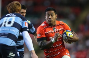 Manu Tuilagi runs at the Cardiff defence, Leicester Tigers v Cardiff Blues, pre-season friendly, Welford Road, August 29, 2014