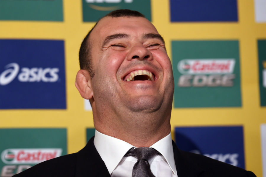 New Wallabies coach Michael Cheika laughs during a press conference