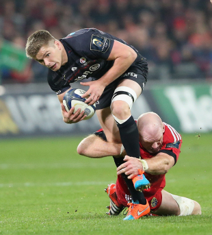 Owen Farrell is tackled by Paul O'Connell, European Rugby Champions Cup, Munster v Saracens, Thomond Park, October 24, 2014