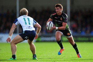 Exeter try-scorer Henry Slade takes the game to Connacht. Exeter Chiefs v Connacht, European Challenge Cup, Sandy Park, Exeter, October 25, 2014.