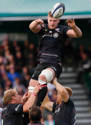 Saracens' George Kruis take the ball in a lineout, Saracens v Clermont Auvergne, European Rugby Champions Cup, Allianz Park, October 18, 2014