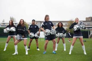Nick Cummins busts a move with the Barbarians cheerleaders at a training session, Latymer playing fields, London, October 29, 2014