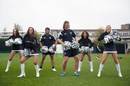 Nick Cummins busts a move with the Barbarians cheerleaders at a training session