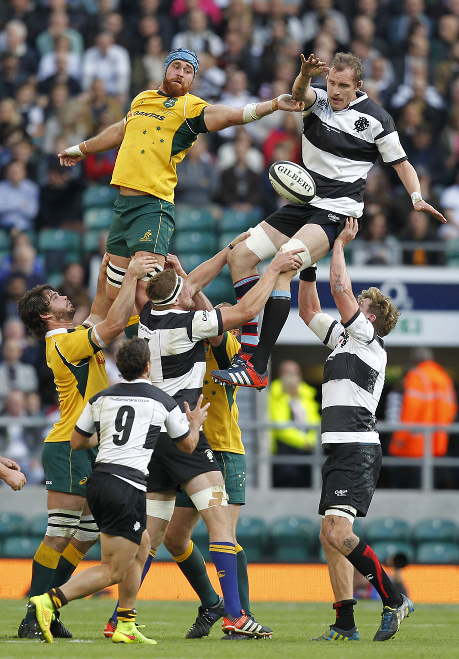 Barbarians captain Alastair Kellock (right) contests a lineout with Australia's James Horwill